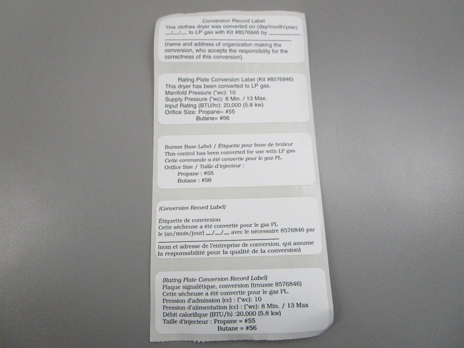 NEW OEM 8576846A Whirlpool LP Gas Conversion Kit 0810