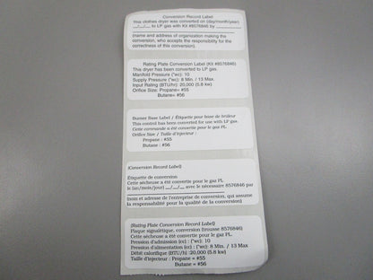 NEW OEM 8576846A Whirlpool LP Gas Conversion Kit 0810