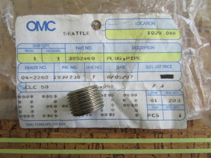 *NEW OEM* 0810 OMC Johnson Evinrude Pipe Plug 3852440