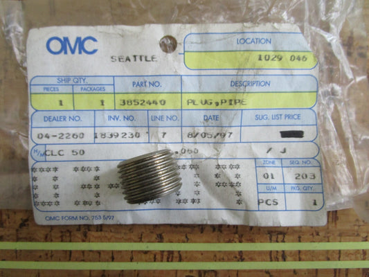 *NEW OEM* 0810 OMC Johnson Evinrude Pipe Plug 3852440