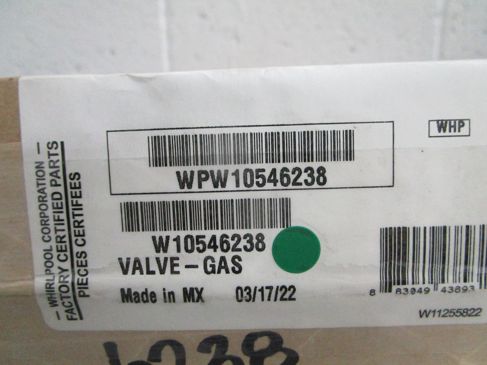 NEW OEM W10546238 WPW10546238 Whirlpool Gas Valve 0820