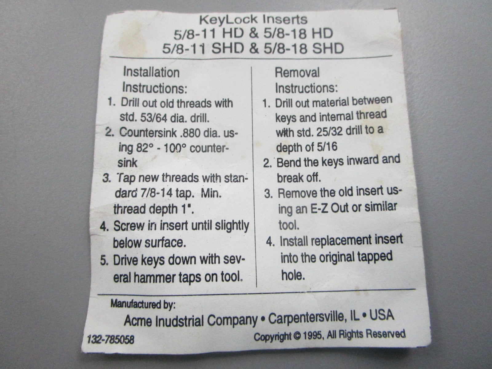 NEW OEM 215-067908 Acme Keylock Thread Repair Inserts 0810