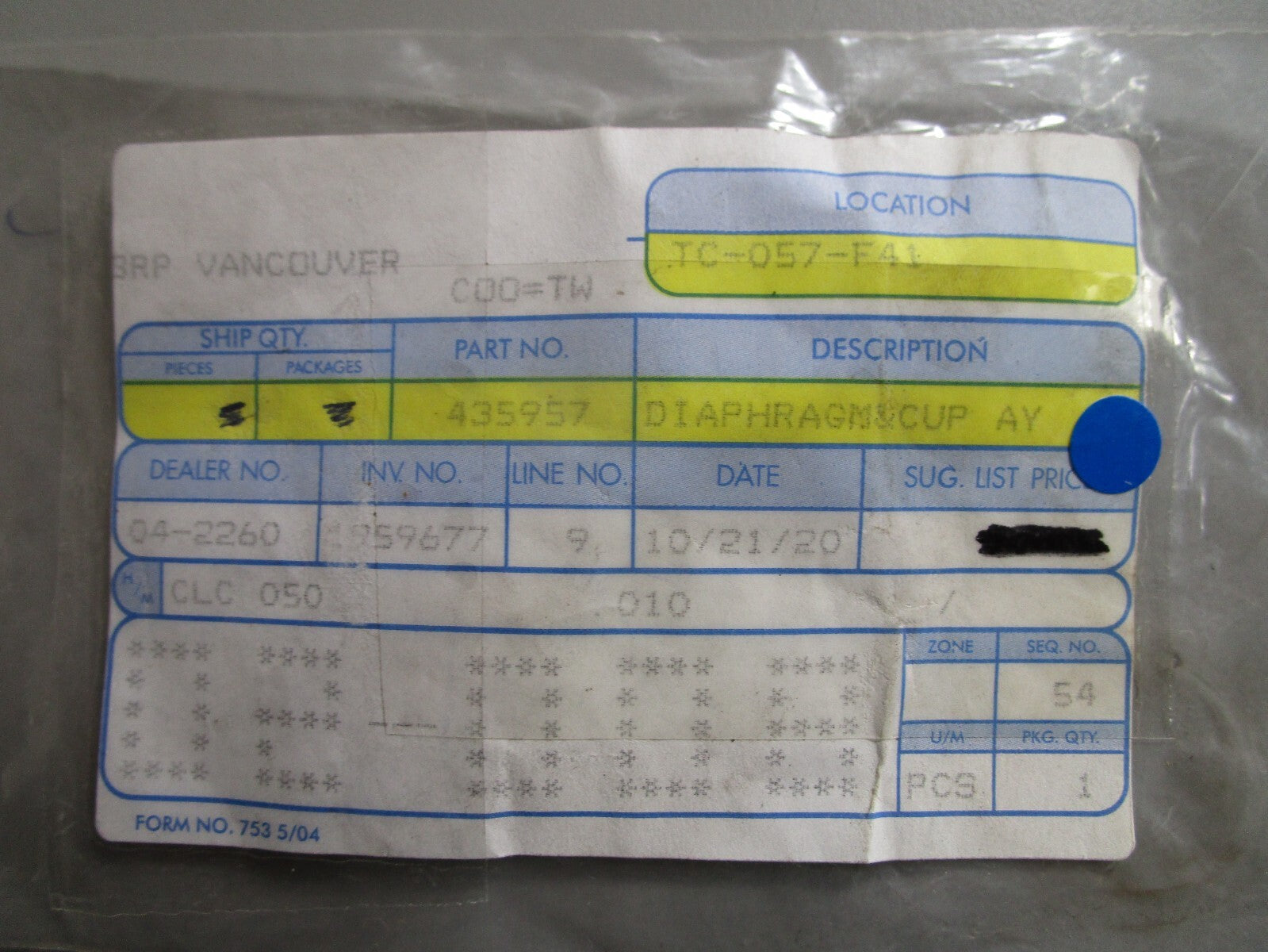 *NEW OEM* 0810 OMC Johnson Evinrude Diaphragm & Cup Assembly 435957 0435957