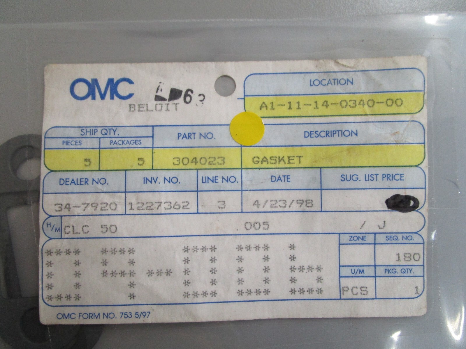 *NEW OEM* 0810 OMC Johnson Evinrude Gasket 304023 0304023