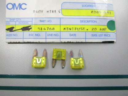 NEW OEM (LOT OF 3) 514768 0514768 OMC Johnson Evinrude 20AMP Mini Fuse 0810