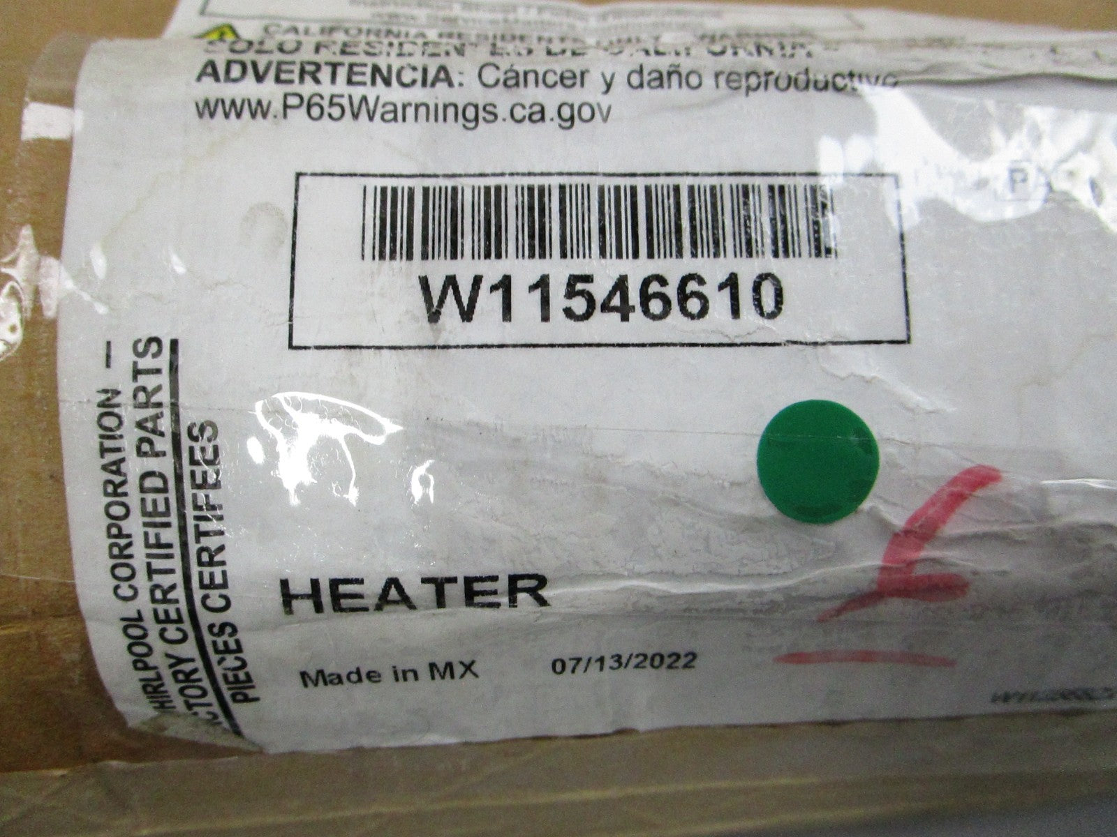 NEW OEM W11546610 Whirlpool Heater 0810