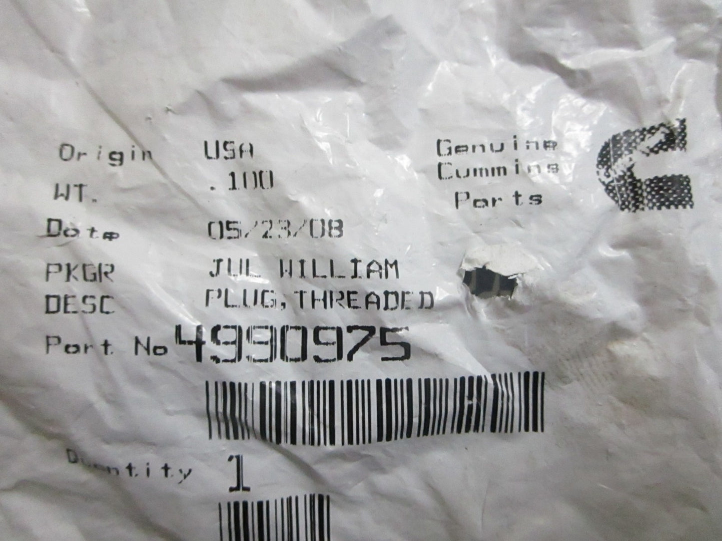 *NEW OEM* 0820 Cummins Threaded Plug 4990975