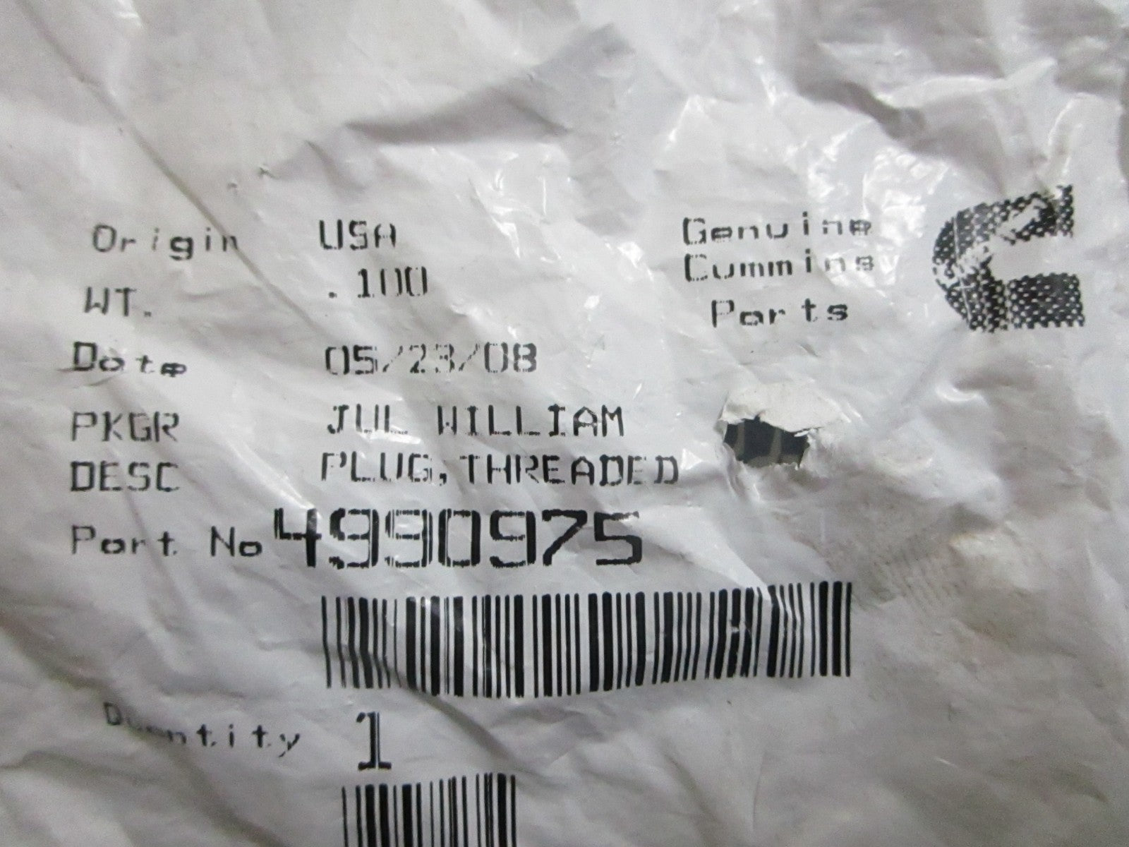 *NEW OEM* 0820 Cummins Threaded Plug 4990975