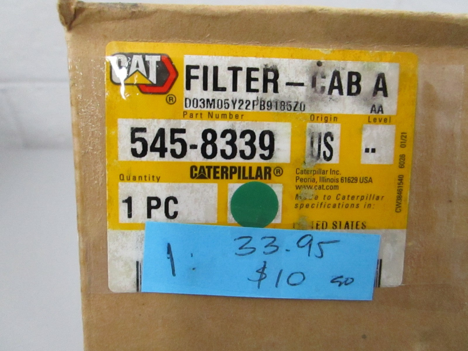CAT NEW OEM Cabin Air Filter 545-8339 MERV 14 D5 D6 D6T D7 D8 Tractor NOS 0810