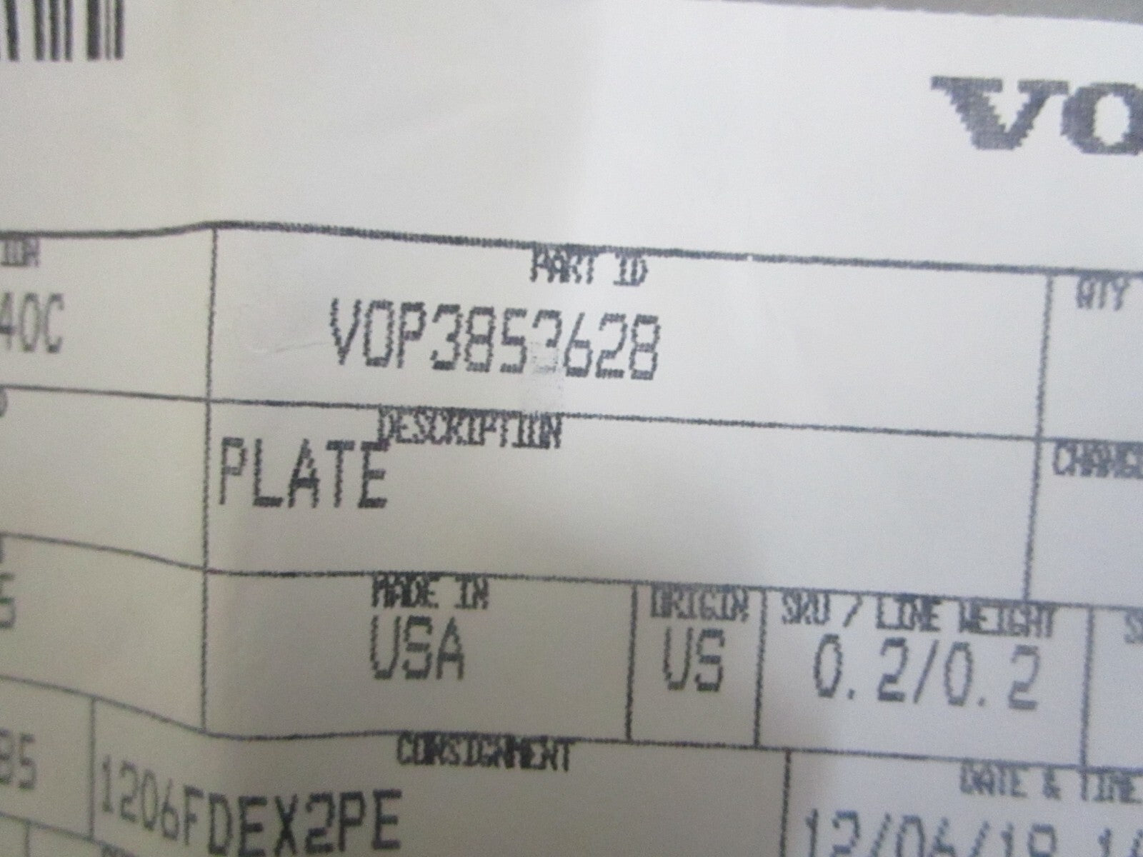 *NEW OEM* 0810 Volvo Penta Plate 3853628