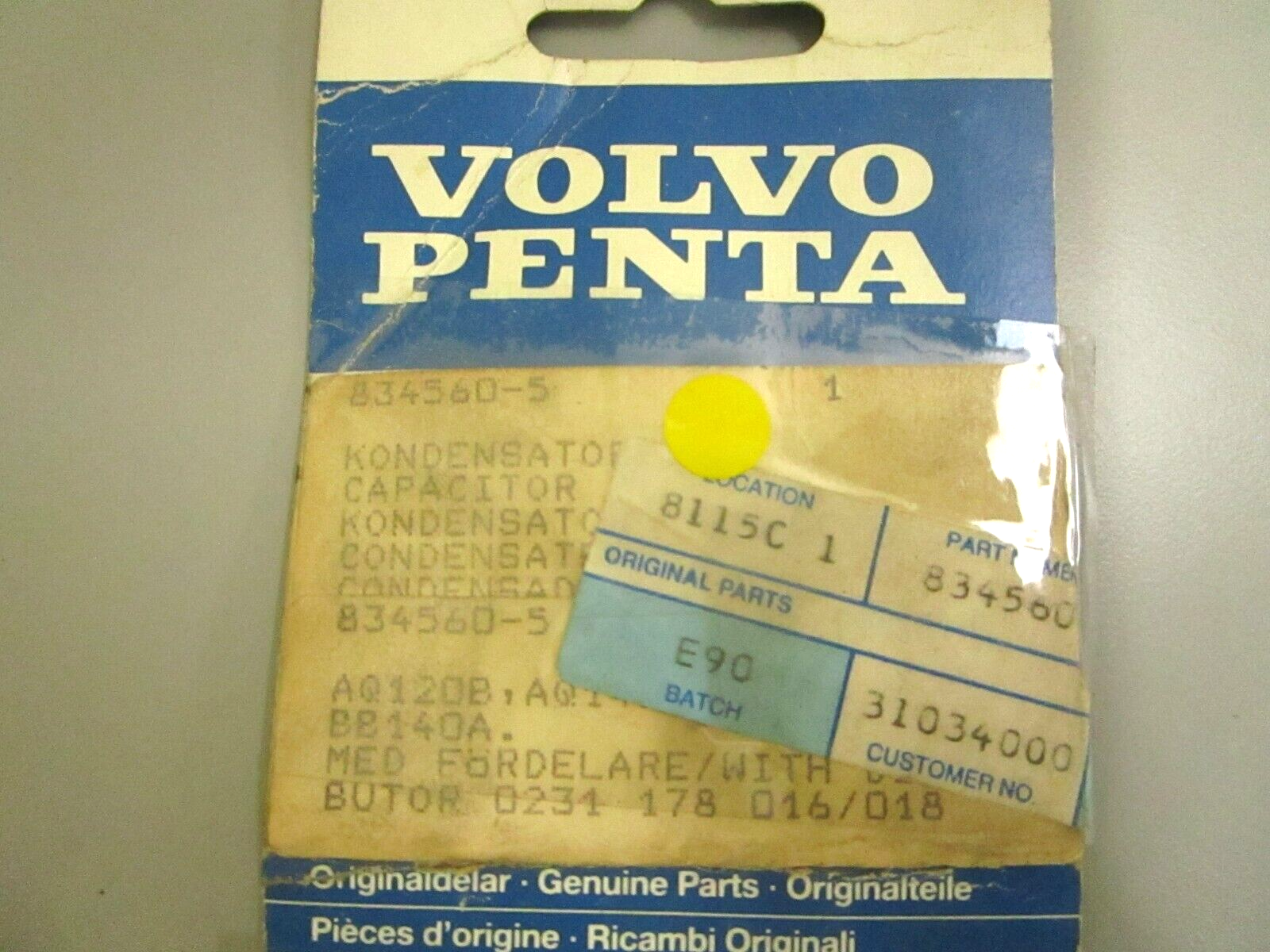 *NEW OEM* 0750 Volvo Penta CAPACITOR 834560