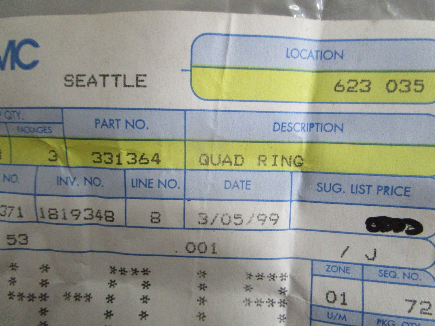 NEW OEM (LOT OF 3) 331364 0331364 OMC Johnson Evinrude Quad Ring 0820
