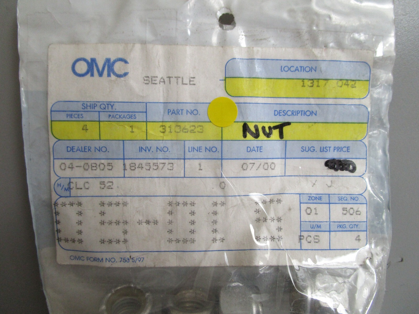 *NEW OEM* (LOT OF 4) 0810 OMC Johnson Evinrude Nut 313623 0313623