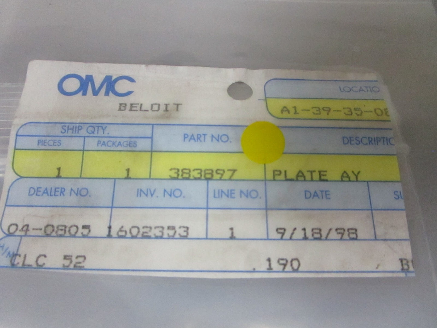 *NEW OEM* 0720 OMC Johnson Evinrude Plate Assembly 383897 0383897