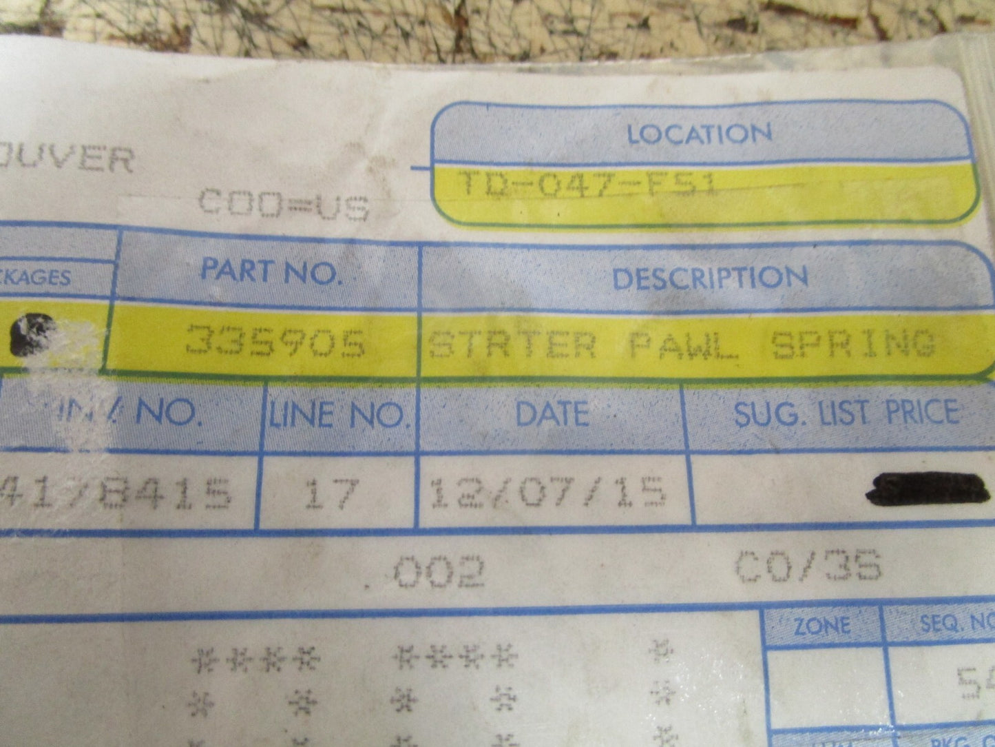 *NEW OEM* (LOT OF 2) 0810 OMC Johnson Evinrude Starter Pawl Spring 335905