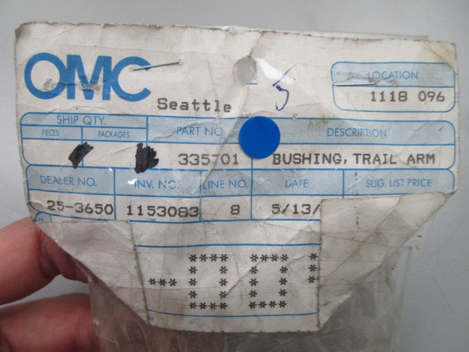 *NEW OEM* 0810 OMC Johnson Evinrude Trail Arm Bushing 335701 0335701