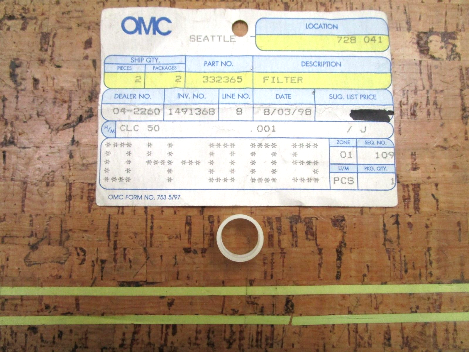 *NEW OEM* 0750 OMC Johnson Evinrude FILTER 332365 0332365