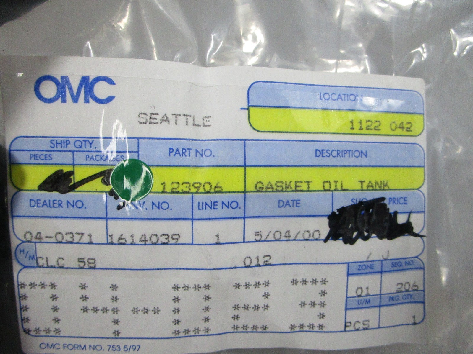 NEW OEM (LOT OF 4) 123906 0123906 OMC Johnson Evinrude Oil Tank Gasket 0810