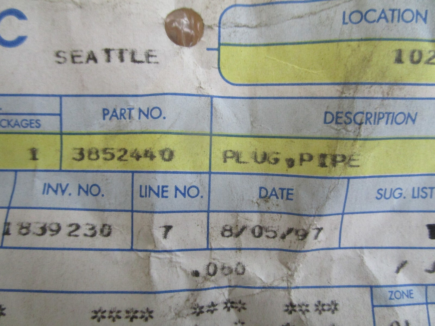 *NEW OEM* 0810 OMC Johnson Evinrude Pipe Plug 3852440