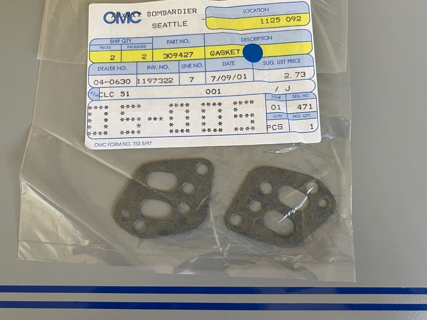*NEW OEM* (LOT OF 2) 0720 OMC Johnson Evinrude Gasket 309427 0309427