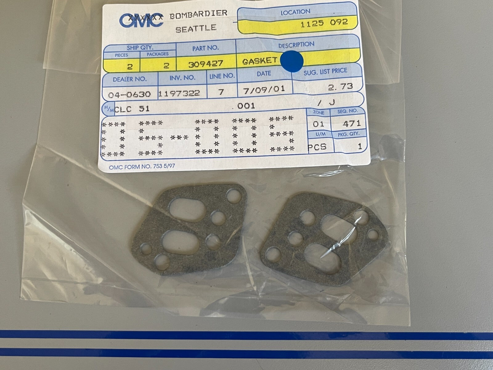 *NEW OEM* (LOT OF 2) 0720 OMC Johnson Evinrude Gasket 309427 0309427