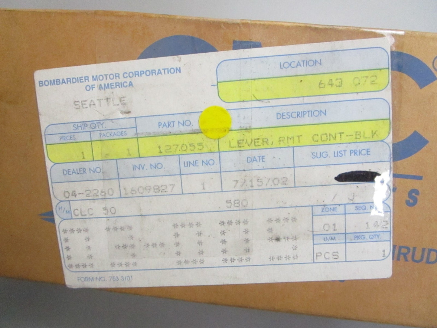 *NEW OEM* 0820 OMC Johnson Evinrude Remote Control Lever 127055 0127055