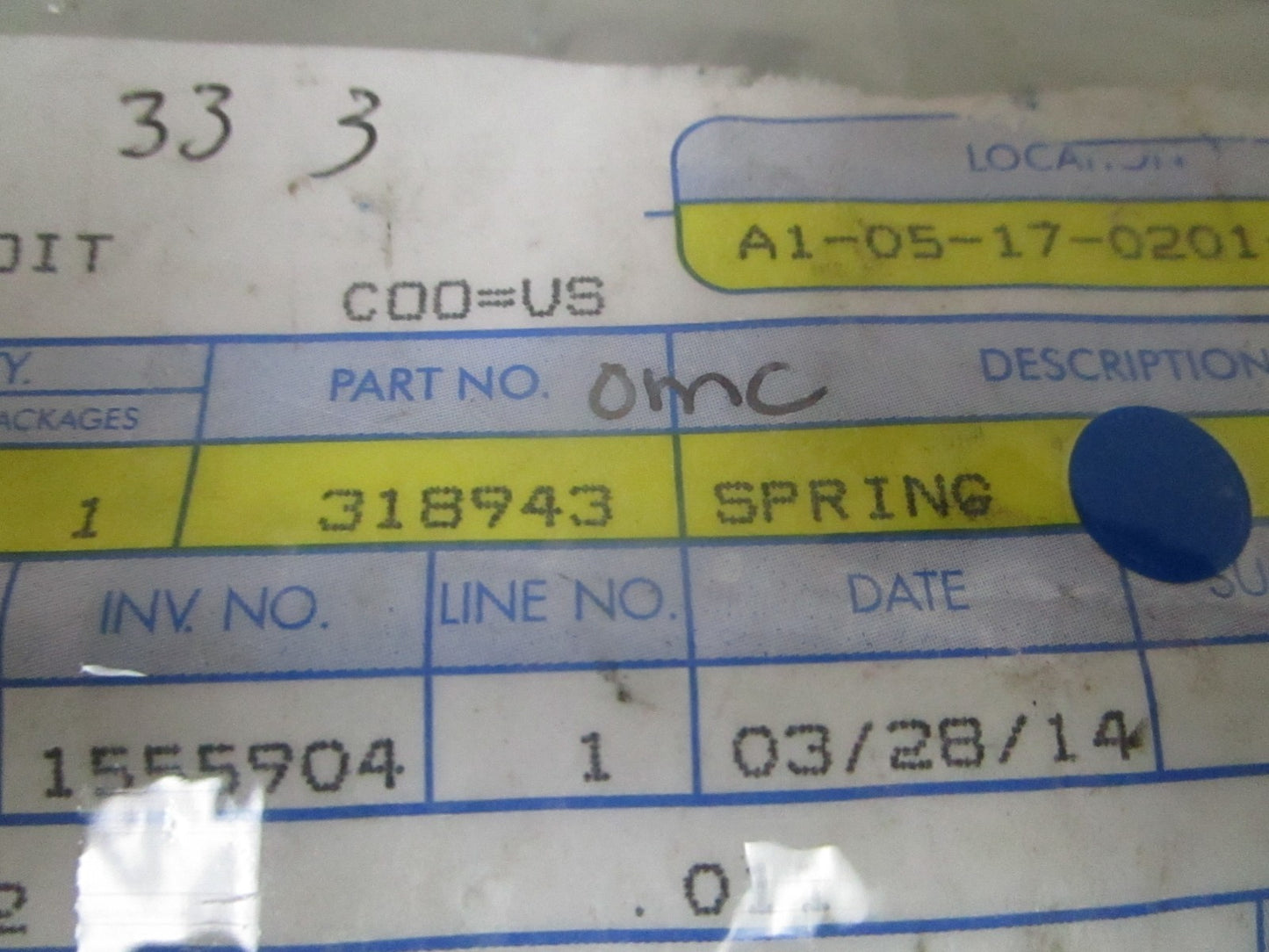 NEW OEM 318943 0318943 OMC Johnson Evinrude Spring 0810