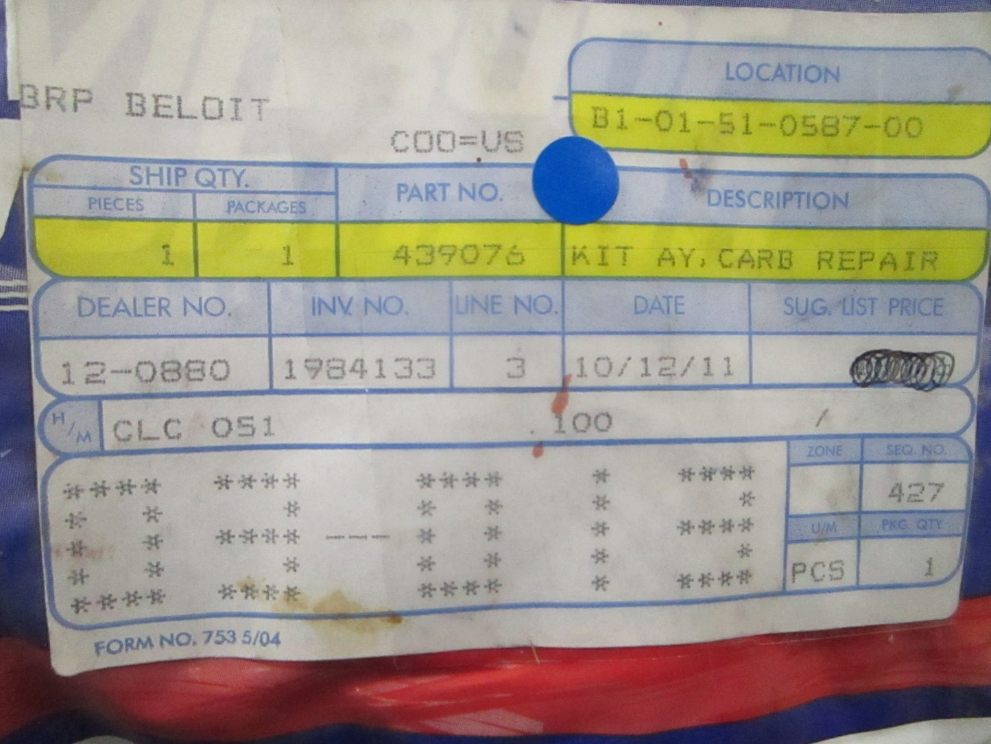 *NEW OEM* 0810 OMC Johnson Evinrude Carburetor Repair Kit 439076 0439076