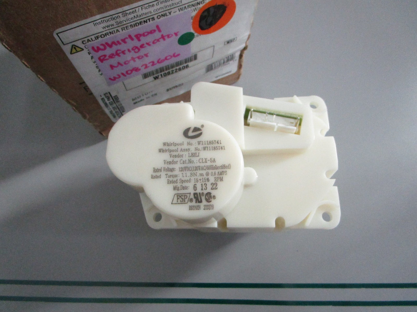 NEW OEM W10822606 Whirlpool Refrigerator Auger Motor 0820