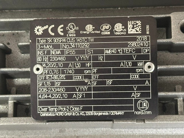 Nord SK 1282AZH-90SP/4 NEW NOS Gear Motor 1.5 HP 85 RPM 20.57:1 Right Angle