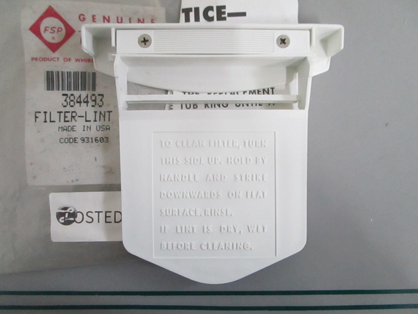 NEW OEM 384493 Whirlpool Lint Filter 0820
